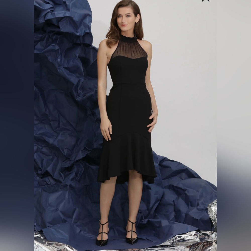 Maggy London Illusion Mesh Detail High-Low Cocktail Dress Sz 10